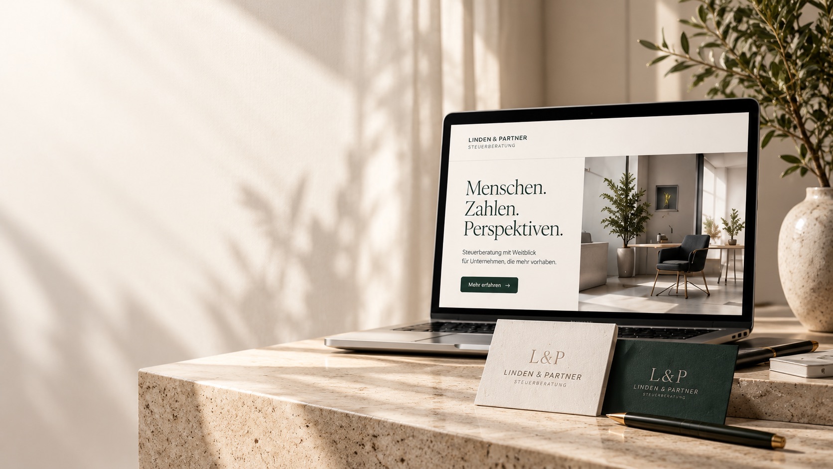 Fiktiver Kanzleiauftritt von Linden & Partner auf Laptop mit passender Geschäftsausstattung