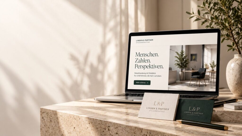 Fiktiver Kanzleiauftritt von Linden & Partner auf Laptop mit passender Geschäftsausstattung
